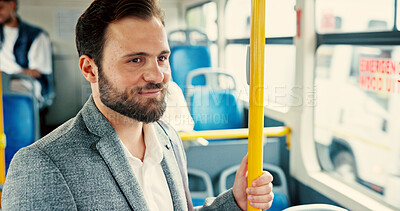 Buy stock photo Bus, travel and happy business man in city for journey, morning commute and trip to office. Public transport, passenger service and person thinking on vehicle to work, job and career in urban town