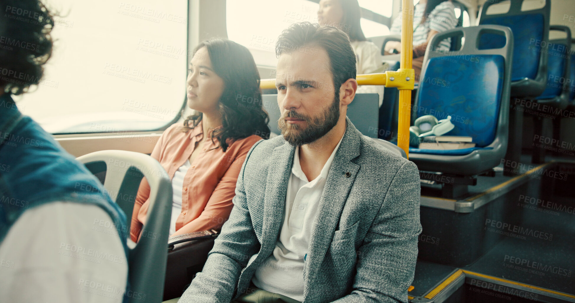 Buy stock photo Travel, thinking and man in bus, serious and commuting to work in public transport, corporate and trip. Contemplating, traveller and business person in vehicle for journey, morning and passenger