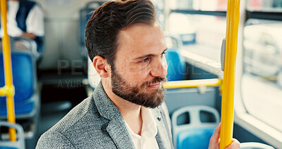 Buy stock photo Bus, travel and business man by rail in city for journey, morning commute and trip to office. Public transport, passenger service and person thinking on vehicle to work, job and career in urban town