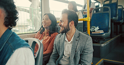 Buy stock photo Bus, travel and people with smile, chatting and public transportation with city service. Men, women and passengers with conversation, morning commute and location with urban journey and social talk