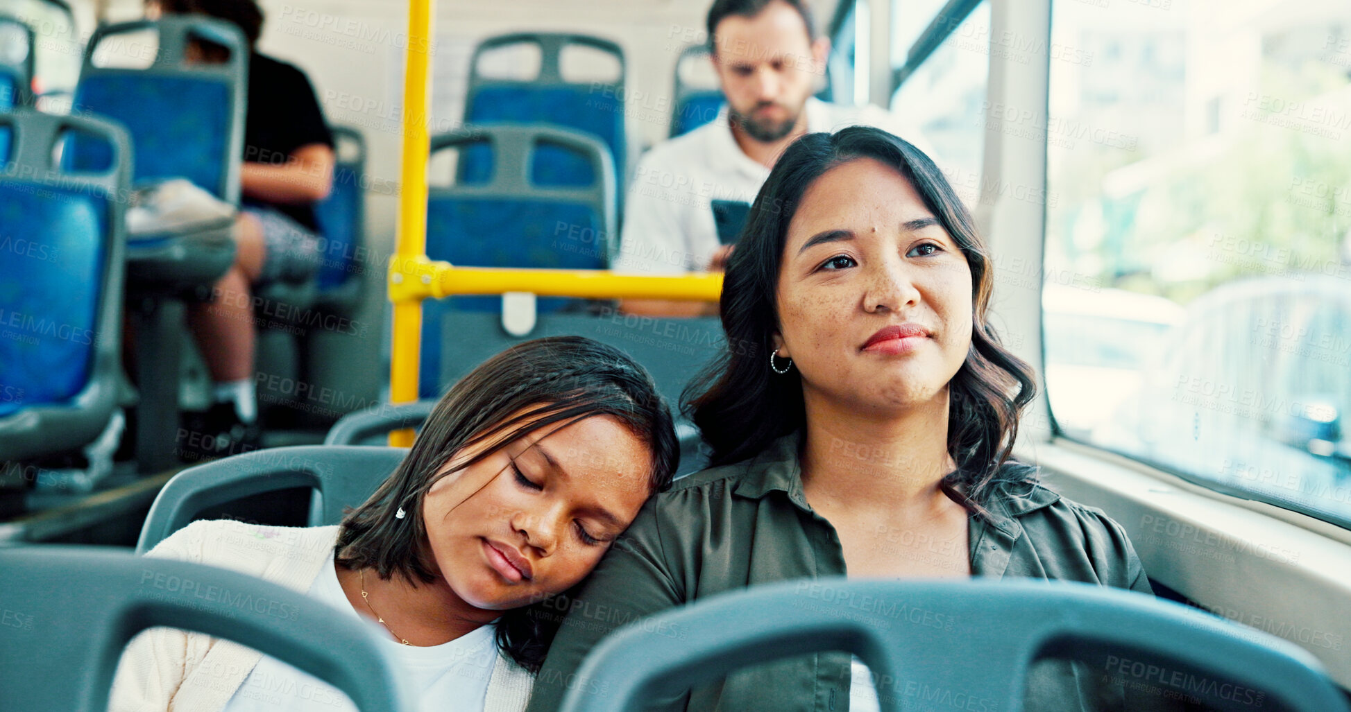 Buy stock photo Bus, sleeping and mother with girl, travel and tired with public transportation. Family, parent and mama with daughter, fatigue and exhausted with passenger, city service and commute with rest