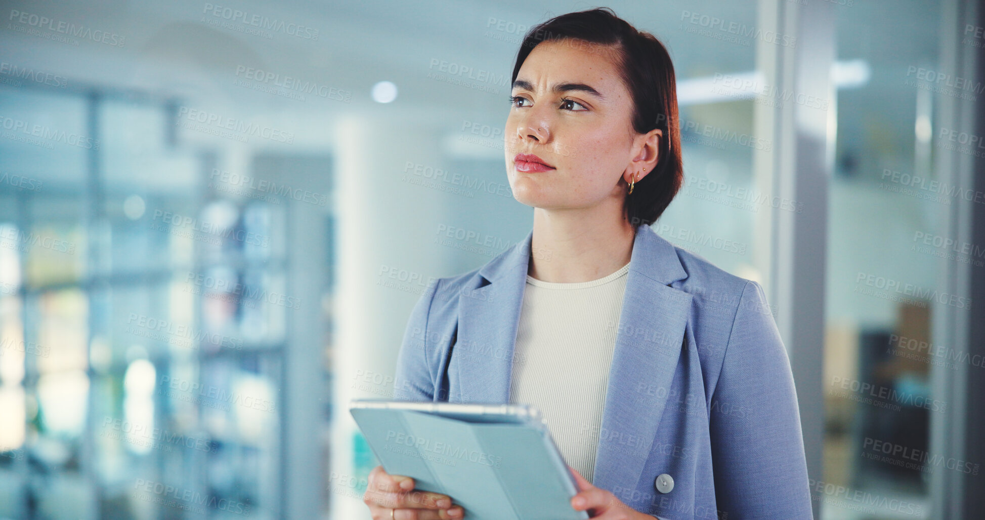 Buy stock photo Tablet, thinking or businesswoman in office for finance career, investment project or accounting. Research, profit ideas or advisor with technology in company for financial solution or development