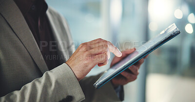 Buy stock photo Man, hands or tablet in office for business, networking or economy research for company development. Investor, typing or tech in agency for trading app, banking or search for investment opportunity