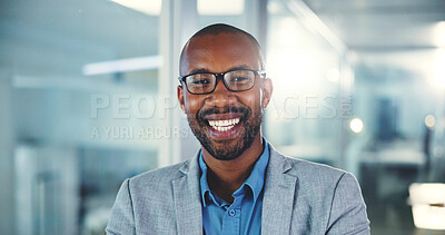 Buy stock photo Office, black man and portrait with smile for finance career, corporate project and professional. Happy, male person and accountant with confidence for business growth, about us and accounting firm