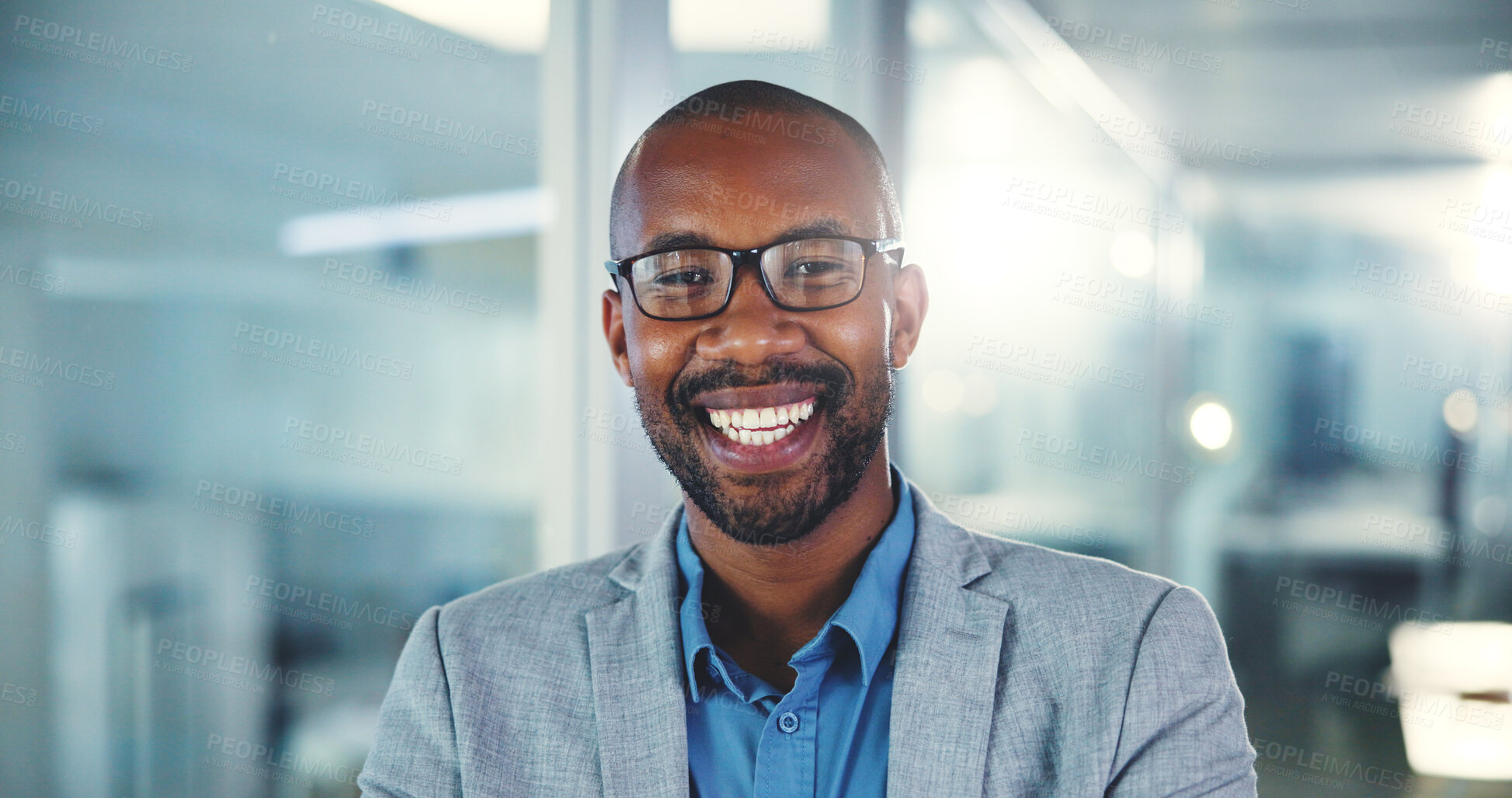 Buy stock photo Office, black man and portrait with smile for finance career, corporate project and professional. Happy, male person and accountant with confidence for business growth, about us and accounting firm