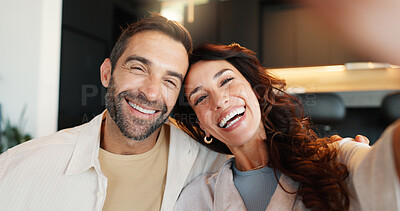 Buy stock photo Couple, portrait and happy with selfie in home for social media post, bonding together and connection. Love, people and photography for profile picture update, memory and relationship with support