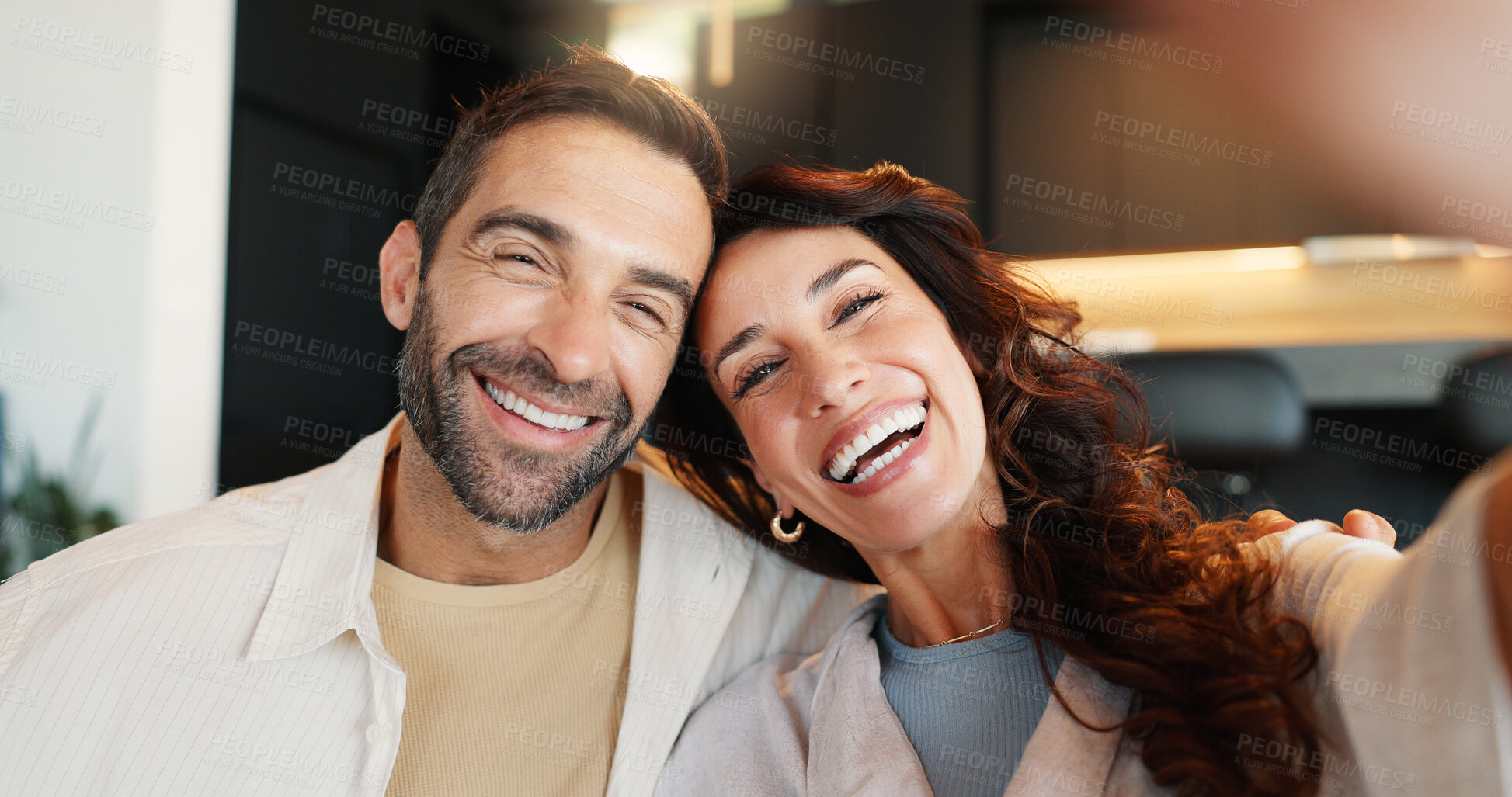 Buy stock photo Couple, portrait and happy with selfie in home for social media post, bonding together and connection. Love, people and photography for profile picture update, memory and relationship with support