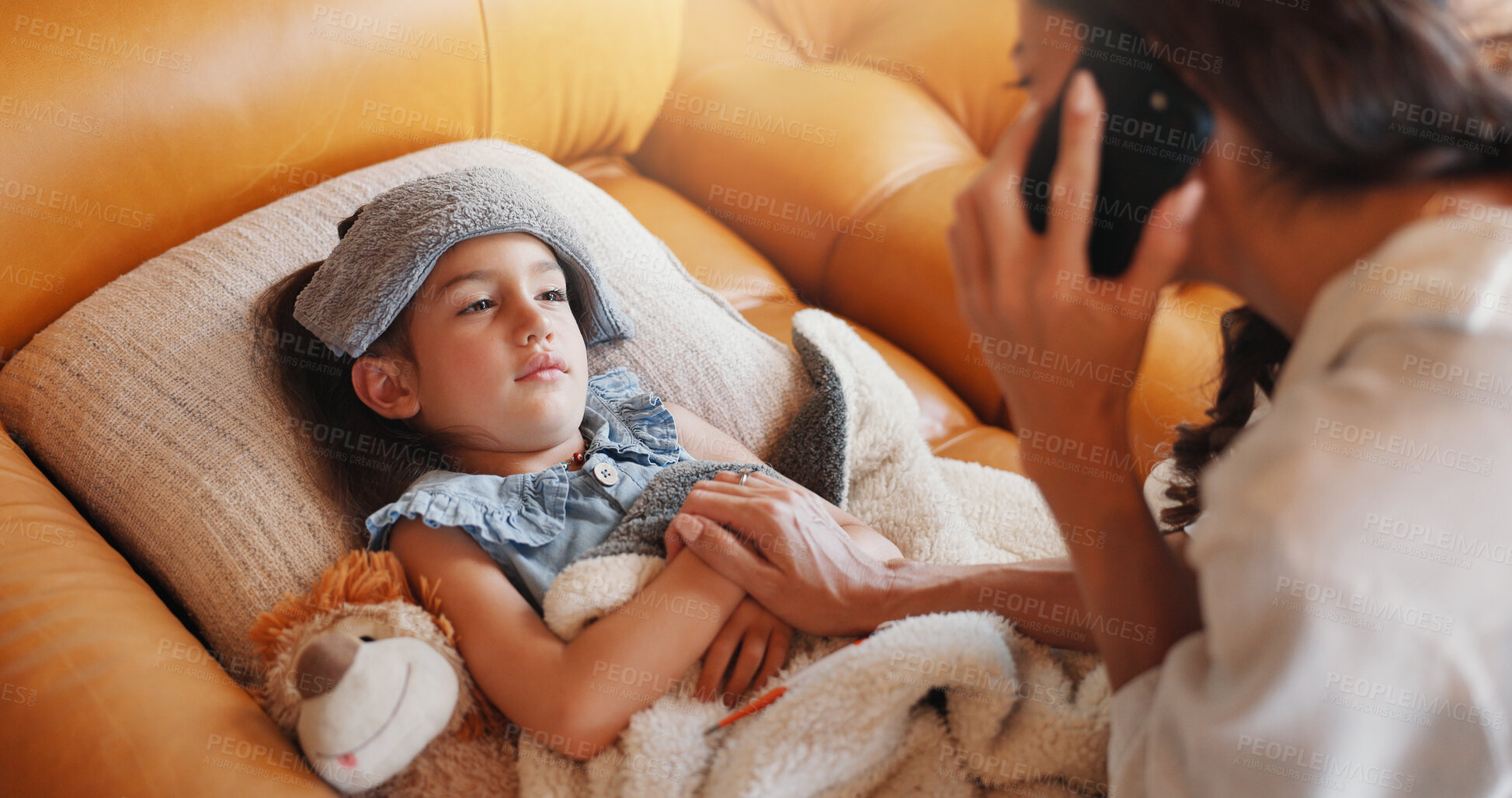 Buy stock photo Phone call, fever and mother with girl, illness and disease with online consultation. Parent, kid or mama with daughter, cellphone or app for medical advice, telehealth or flu with cold, home or sick