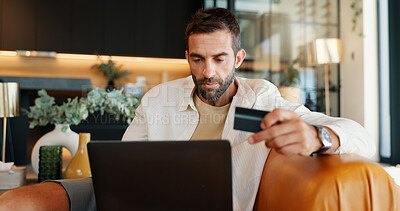 Buy stock photo Credit card, laptop and man with payment in home for online shopping, internet banking or purchase. Computer, debit and person with digital money in living room for ecommerce, finance and deposit