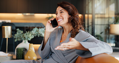 Buy stock photo Booking, phone call and smile with woman in spa for appointment, communication or conversation. Hospitality, luxury and wellness with happy person in beauty salon for cosmetic treatment or schedule