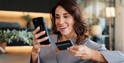 Buy stock photo Credit card, phone and woman with surprise for online shopping payment, internet banking or discount in home. Mobile, debit and happy person in shock with digital money, cashback or financial savings