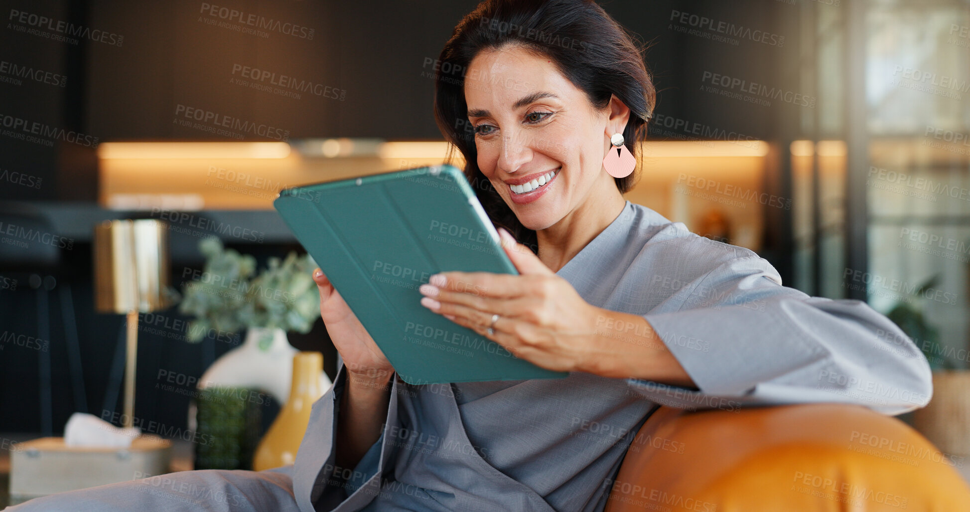 Buy stock photo Online booking, smile and tablet with woman in spa for appointment or schedule. Agenda, hospitality and wellness with happy person checking calendar in luxury beauty salon for cosmetic treatment