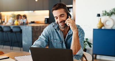 Buy stock photo Laptop, phone call and remote work with happy man in family home for online report or planning. Computer, conversation and email with freelance entrepreneur in apartment kitchen for communication