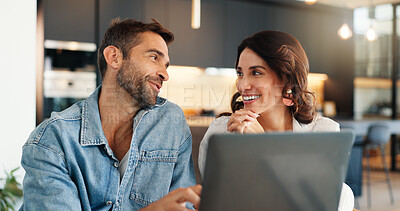 Buy stock photo Home, conversation and couple with laptop, smile and internet with online entertainment. Connection, apartment and man with woman, computer and discussion with relationship, people and website info
