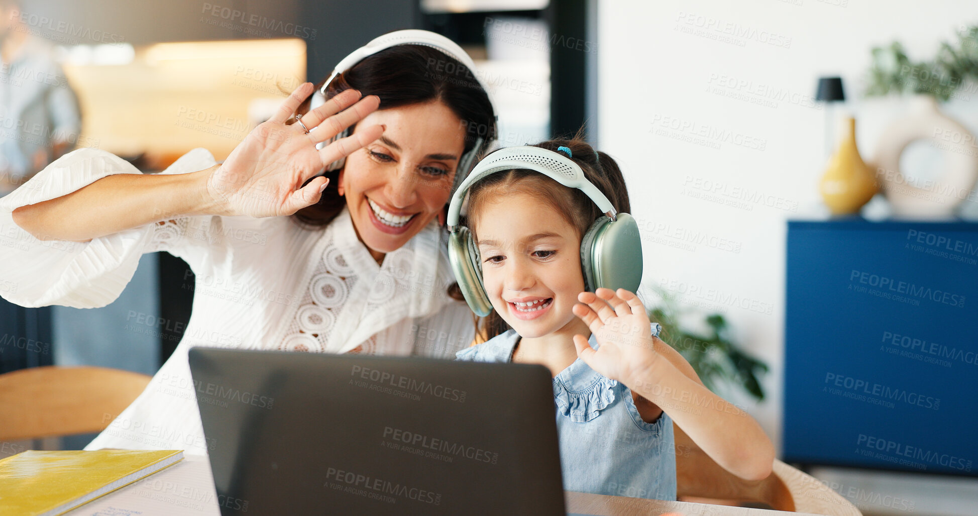 Buy stock photo Headphones, laptop and mother with child for elearning in home for education, development or growth. Waving, helping and mom with girl kid for computer with audio tech for online lesson in house. 