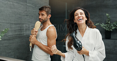 Buy stock photo Singing, happy and couple in bathroom in mirror for bonding, having fun and relax together. Love, marriage and woman and man for wellness, playful and healthy relationship for morning routine