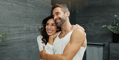 Buy stock photo Hug, happy and couple in bathroom in mirror for bonding, cleaning and relax together. Love, marriage and woman and man for wellness, grooming and healthy relationship for morning routine in home