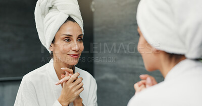 Buy stock photo Home, skincare and woman with mirror, towel and grooming with confidence, wellness and routine. Mature person, morning or beauty with reflection, treatment for wrinkles and cosmetics with dermatology