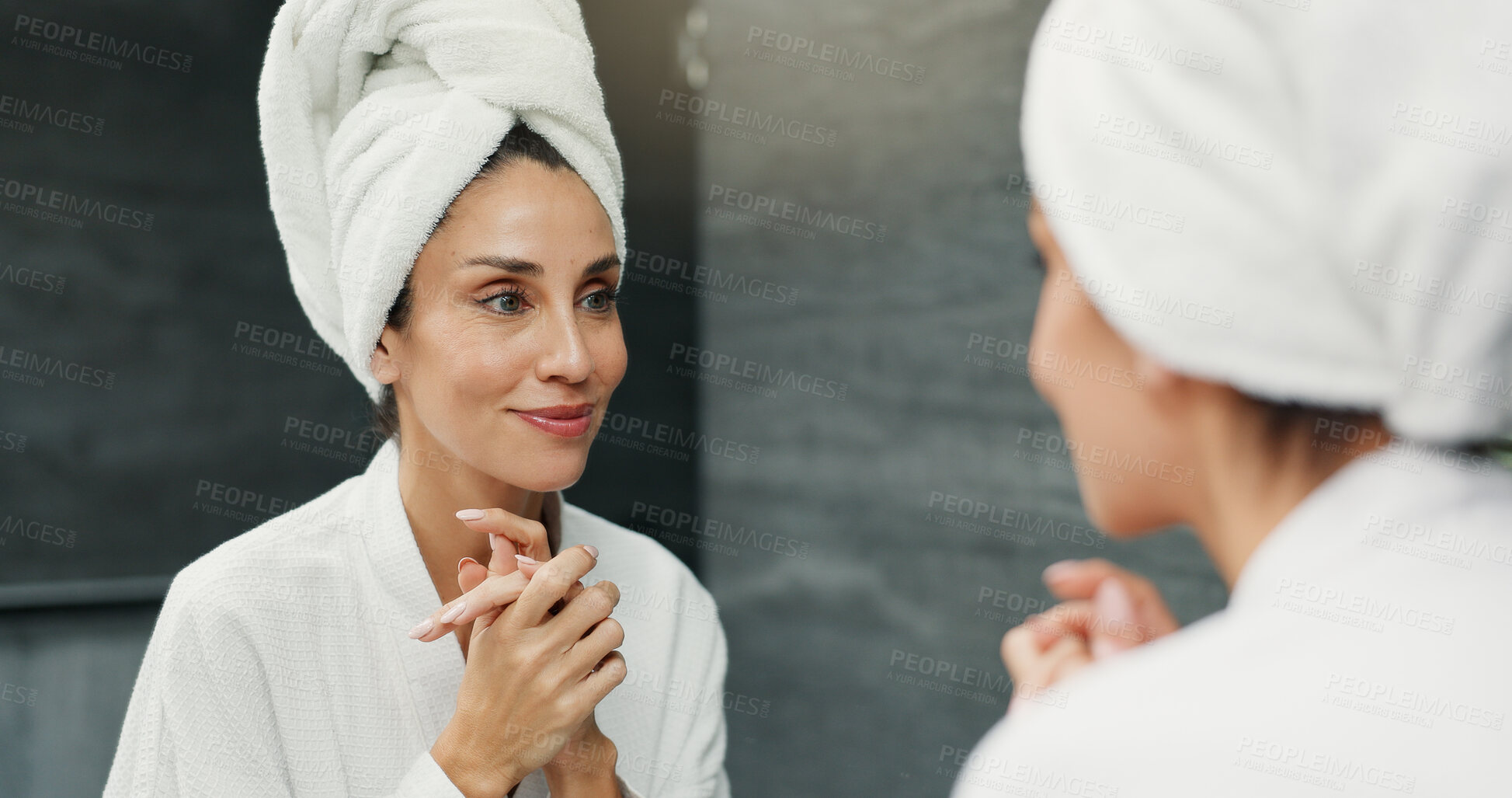 Buy stock photo Home, skincare and woman with mirror, towel and grooming with confidence, wellness and routine. Mature person, morning or beauty with reflection, treatment for wrinkles and cosmetics with dermatology