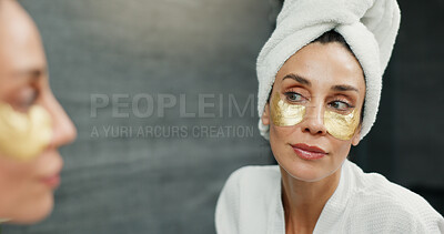 Buy stock photo Beauty, eye mask and mirror with woman in bathroom of home for antiaging cosmetics or wellness. Dermatology, facial product and reflection with person in apartment for morning skincare routine