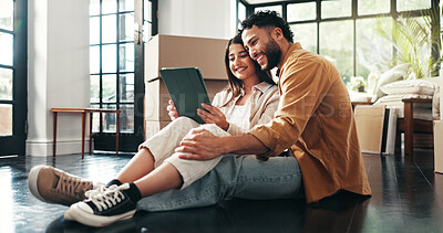 Buy stock photo Happy, couple and rest with tablet in new home for discussion, interior design and online shopping. People, talking and digital of planning, furniture search and boxes for start of renovation process