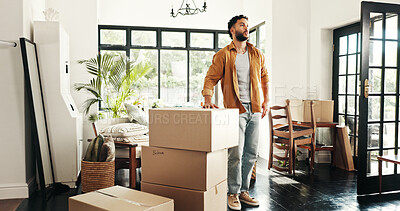 Buy stock photo New house, thinking and man with boxes, real estate or ownership of property with mortgage or lounge. Relocation, buyer and person with cardboard in living room, investment or purchase with home loan
