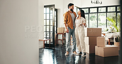 Buy stock photo Property, love and couple with boxes in new home for real estate investment, mortgage success and relocation. Homeowner, happy people and pride for dream house, achievement or moving in with support