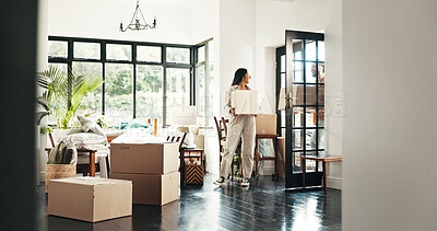 Buy stock photo Happy, moving and couple with boxes, real estate and ownership of property with mortgage and lounge. Relocation, buyer and person with cardboard in living room, investment and purchase with home loan