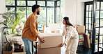 New house, buyer and couple with boxes, mortgage and ownership of property for real estate or lounge. Relocation, happy and people with cardboard in living room, investment or purchase with home loan