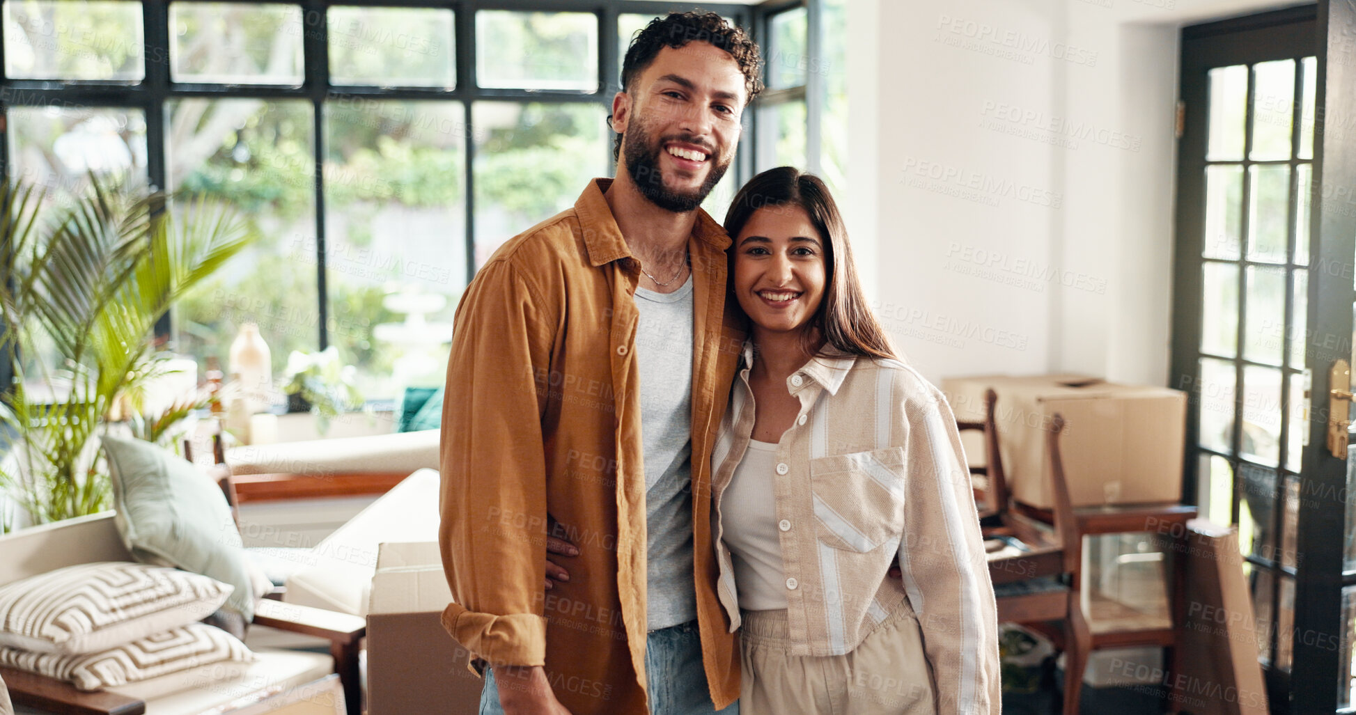 Buy stock photo Property, smile and couple with portrait in new home for mortgage investment, fresh start and relocation. Homeowner, people and goals with dream house, achievement or real estate success with support