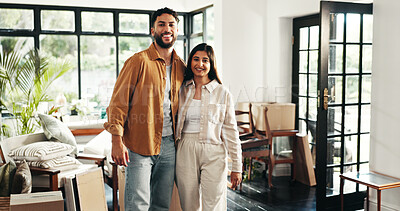 Buy stock photo Real estate, smile and couple with portrait in new home for property investment, moving and relocation. Homeowner, happy people and pride for dream house, achievement or mortgage success with support