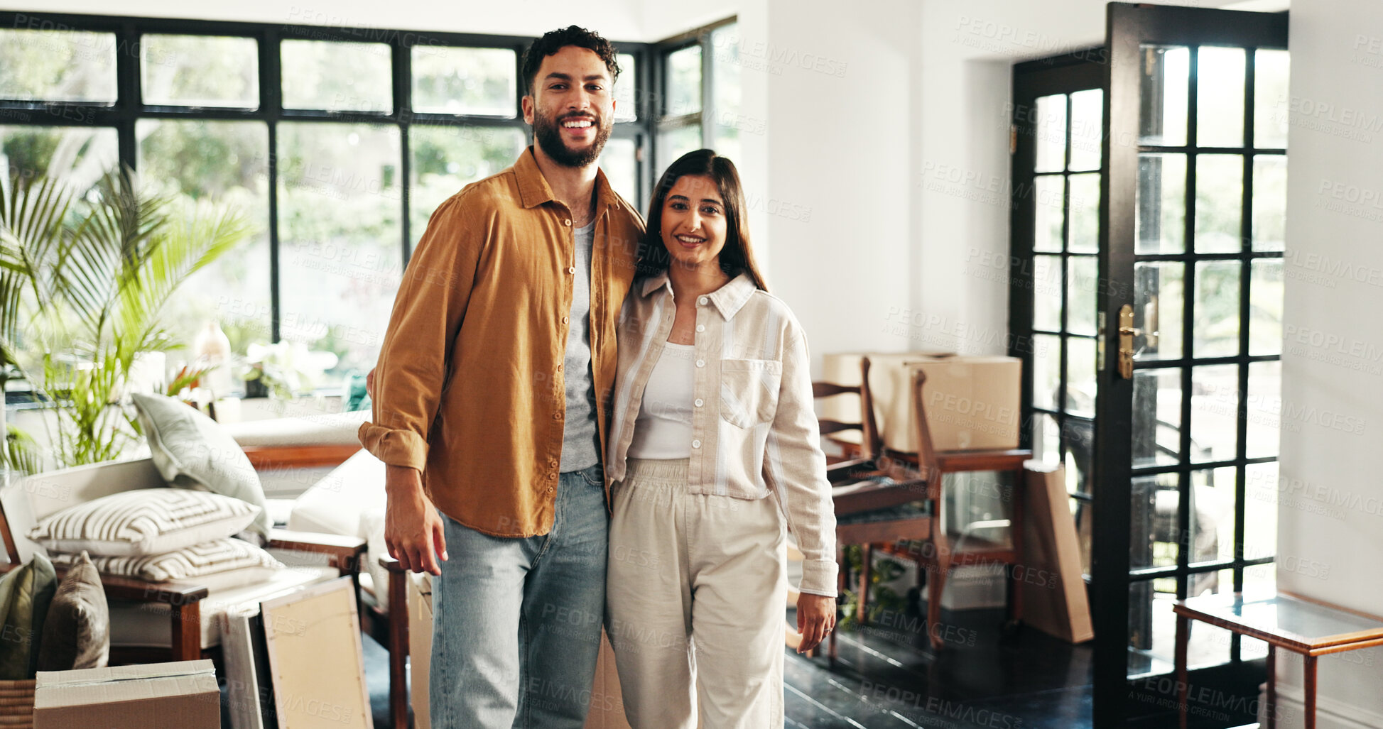 Buy stock photo Real estate, smile and couple with portrait in new home for property investment, moving and relocation. Homeowner, happy people and pride for dream house, achievement or mortgage success with support