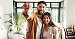 Real estate, portrait and couple with keys in new home for property investment, mortgage success and relocation. Homeowner, people and happy for dream house, achievement or support with fresh start