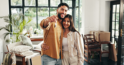 Buy stock photo Property, portrait and couple with keys in new home for mortgage investment, moving in or relocation. Homeowner, happy people or pride for dream house, achievement or real estate success with support