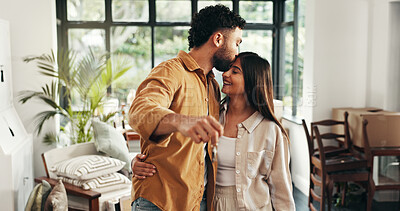Buy stock photo Key, kiss and couple with happiness in new home with pride for property investment or real estate. Smile, love and man with woman with ownership for house with goal for buying apartment together.