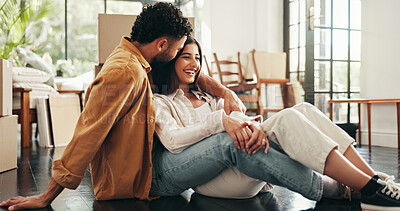 Buy stock photo Hug, new home and real estate with couple in living room together for mortgage or property investment. Boxes, love or smile with happy man and woman embracing in apartment for bonding or growth