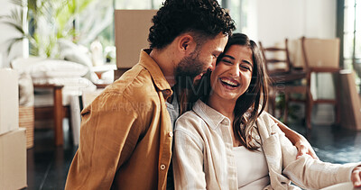 Buy stock photo Hug, laughing and mortgage with couple in living room of new home together for property investment. Boxes, funny or love with smile of happy man and woman in apartment for bonding or real estate