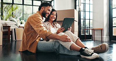 Buy stock photo Smile, couple and floor on tablet at new house for research, online shopping and furniture purchase. Happy, people and boxes with digital for real estate, interior design and choice on decor for home