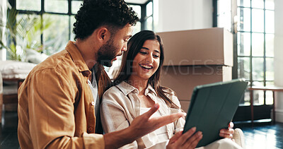 Buy stock photo Mortgage, renovation and tablet with couple in living room of new home together for property investment. Boxes, love or planning with man and woman in apartment for bonding, growth or real estate
