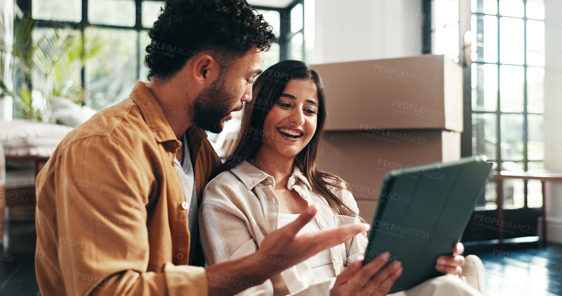 Buy stock photo Mortgage, renovation and tablet with couple in living room of new home together for property investment. Boxes, love or planning with man and woman in apartment for bonding, growth or real estate