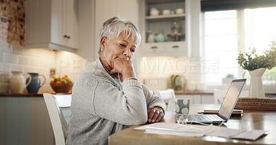 Buy stock photo Laptop, documents and senior woman in home for budget, finance and mortgage payment. Retirement, thinking and mature person with paperwork for life insurance, investment and bills for online banking