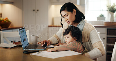 Buy stock photo Woman, baby and laptop with remote work from home, freelancing and scroll with search, bonding and play. Person, virtual assistant and mother with infant, child and love by computer in family house