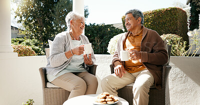 Buy stock photo Outdoor, senior couple and discussion with coffee for love, bonding and biscuits in retirement. Porch, old woman and elderly man with happiness for relationship, cookies and talk with tea in morning