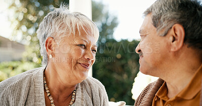 Buy stock photo Outdoor, love and senior couple with care, relationship and bonding together with happiness. People, old man and mature woman with marriage, trust and retirement with support, date and romance