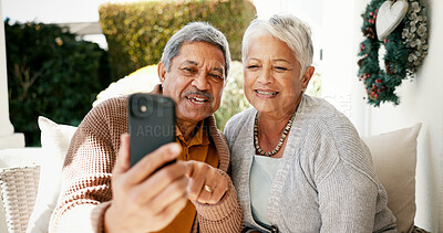 Buy stock photo Post, selfie and smile with old couple at home for photography, social media and relax. Happiness, retirement and profile picture with senior man and woman in backyard for online and connection
