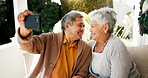 Love, selfie and smile with old couple at home for photography, social media and post. Happiness, retirement and profile picture with senior man and woman in backyard for online and connection