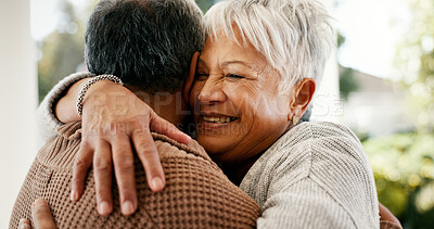 Buy stock photo Love, hug and happy elderly couple outdoor for healthy relationship, connection and loyalty together. Retirement, man and woman with embrace for reunion, marriage commitment and support with care