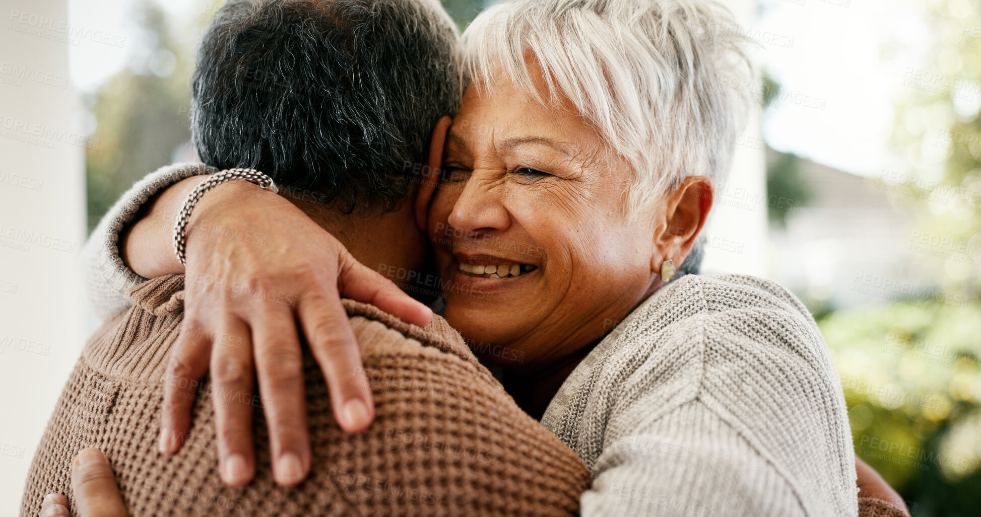 Buy stock photo Love, hug and happy elderly couple outdoor for healthy relationship, connection and loyalty together. Retirement, man and woman with embrace for reunion, marriage commitment and support with care