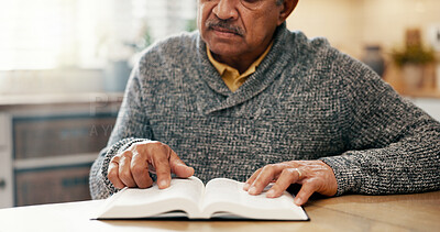Buy stock photo Reading, faith and bible with hands of person for worship, spiritual study or Christian religion. Prayer, gospel and inspiration with old man and book at home for Jesus Christ, catholic and scripture