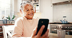Home, headphones or old woman in morning with phone for streaming subscription or entertainment. Music, playlist or happy senior person with audio, smile or mobile for retirement, radio or podcast